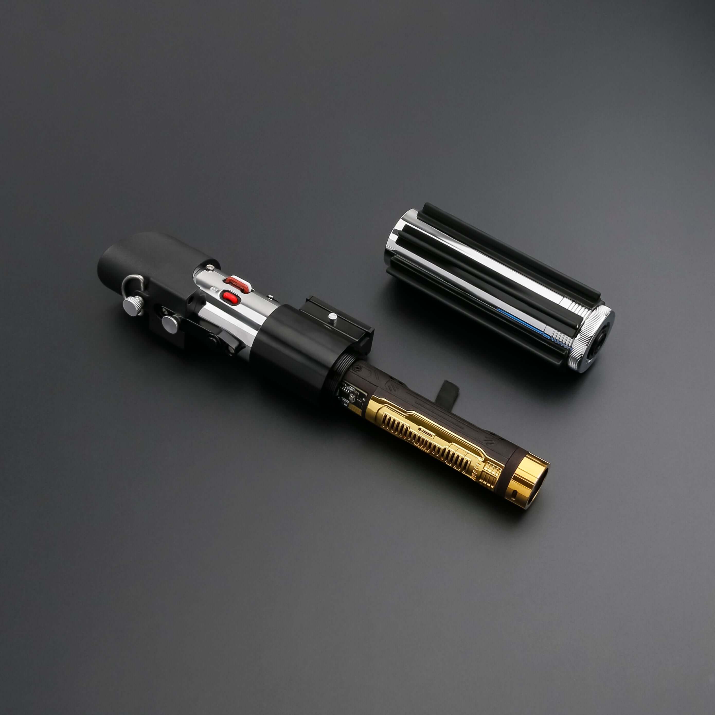 Vader Proffie 2.2 lightsaber displayed on a black background with a sleek design and electronic components.