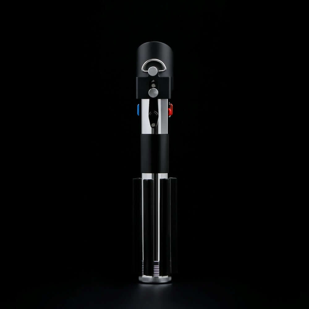 Vader Proffie 2.2 lightsaber displayed against a dark background, featuring sleek design and vibrant buttons.