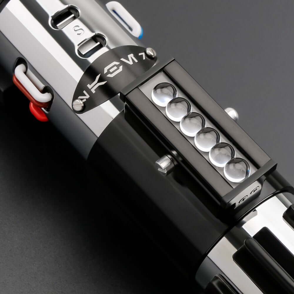 Vader Proffie 2.2 lightsaber with detailed chrome design and buttons showcased from above.