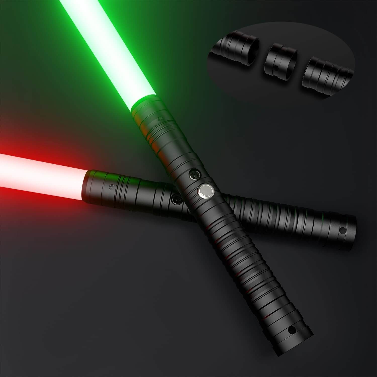 Novasaber Duelist Lightsaber Bundle – two aluminum alloy hilts in choice of grey, black, silver or gold, removable 77 cm or 82 cm polycarbonate blades, RGB S4/S16/S27 baselit or SN-Neopixel V4 Pro cores with customizable colors, effects, 27+ soundfonts an
