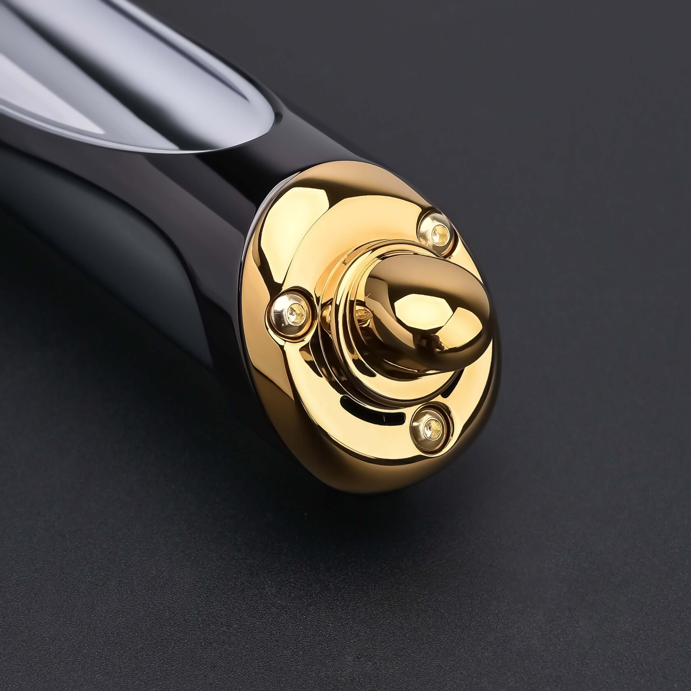 Detailed view of the Emperor lightsaber emitter and top-end metallic finish