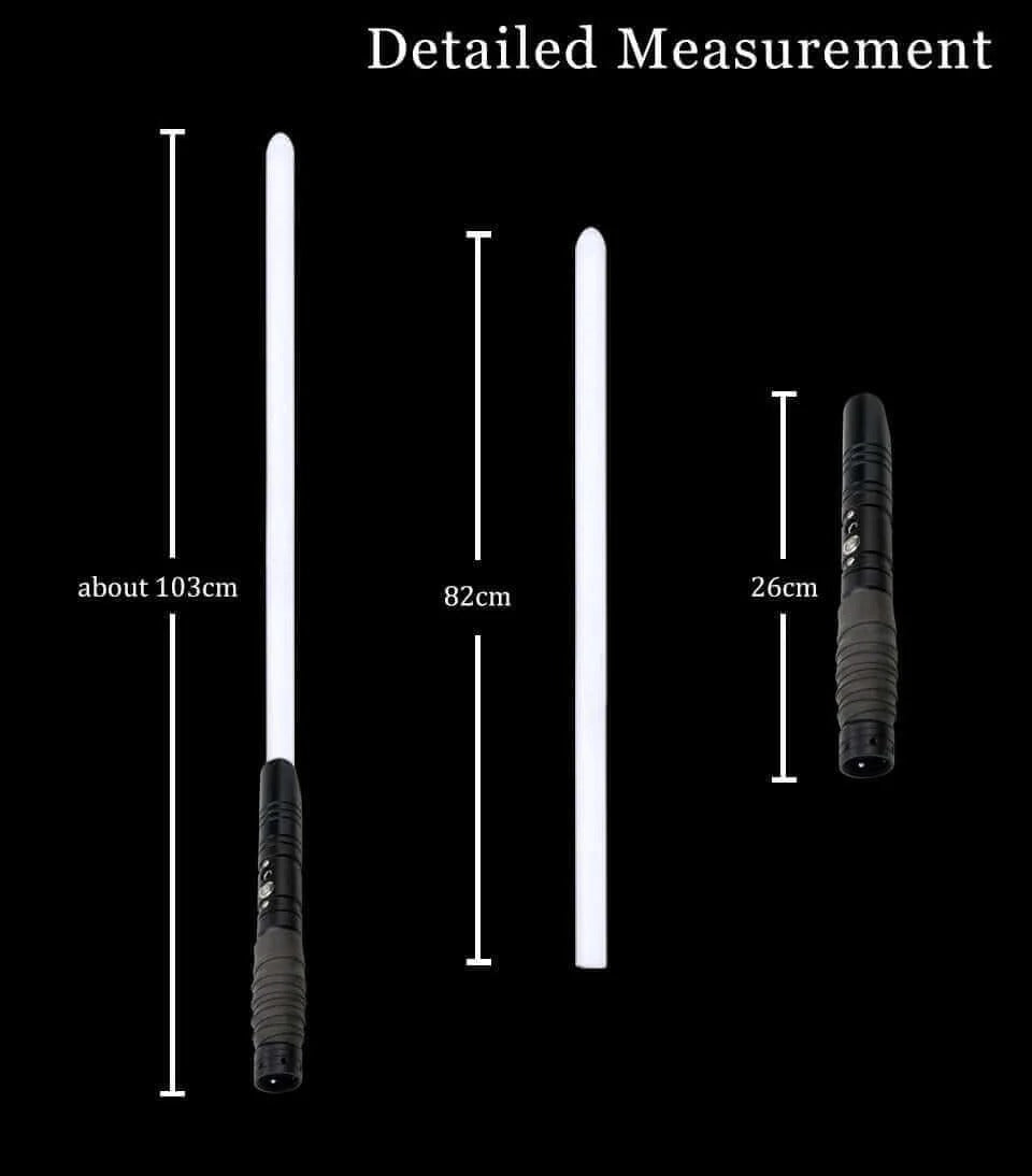 Detailed measurements of Combat lightsaber showing lengths of 103cm, 82cm, and 26cm.