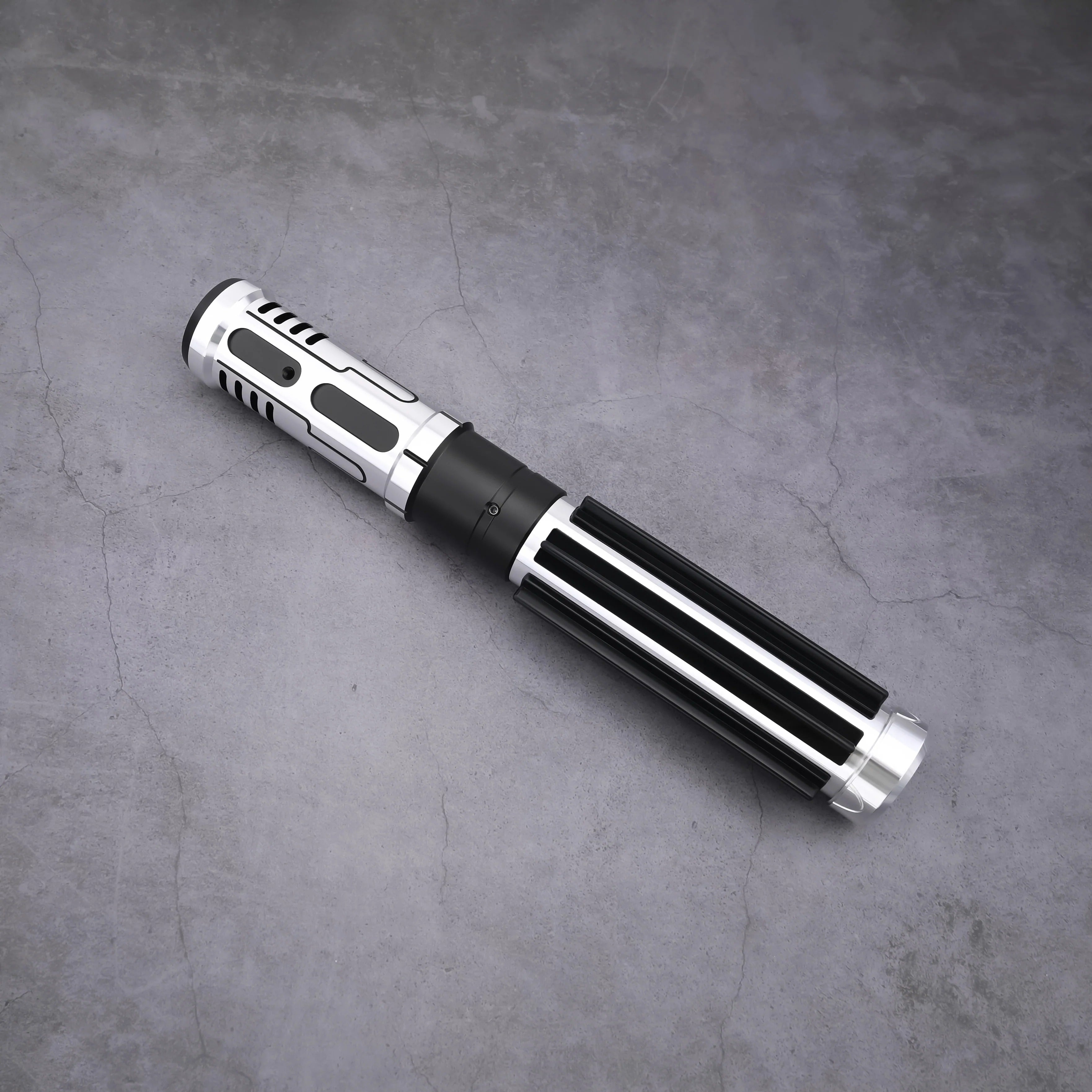 The Void Walker heavy dueling lightsaber featuring a polished silver alloy body and matte black finish.