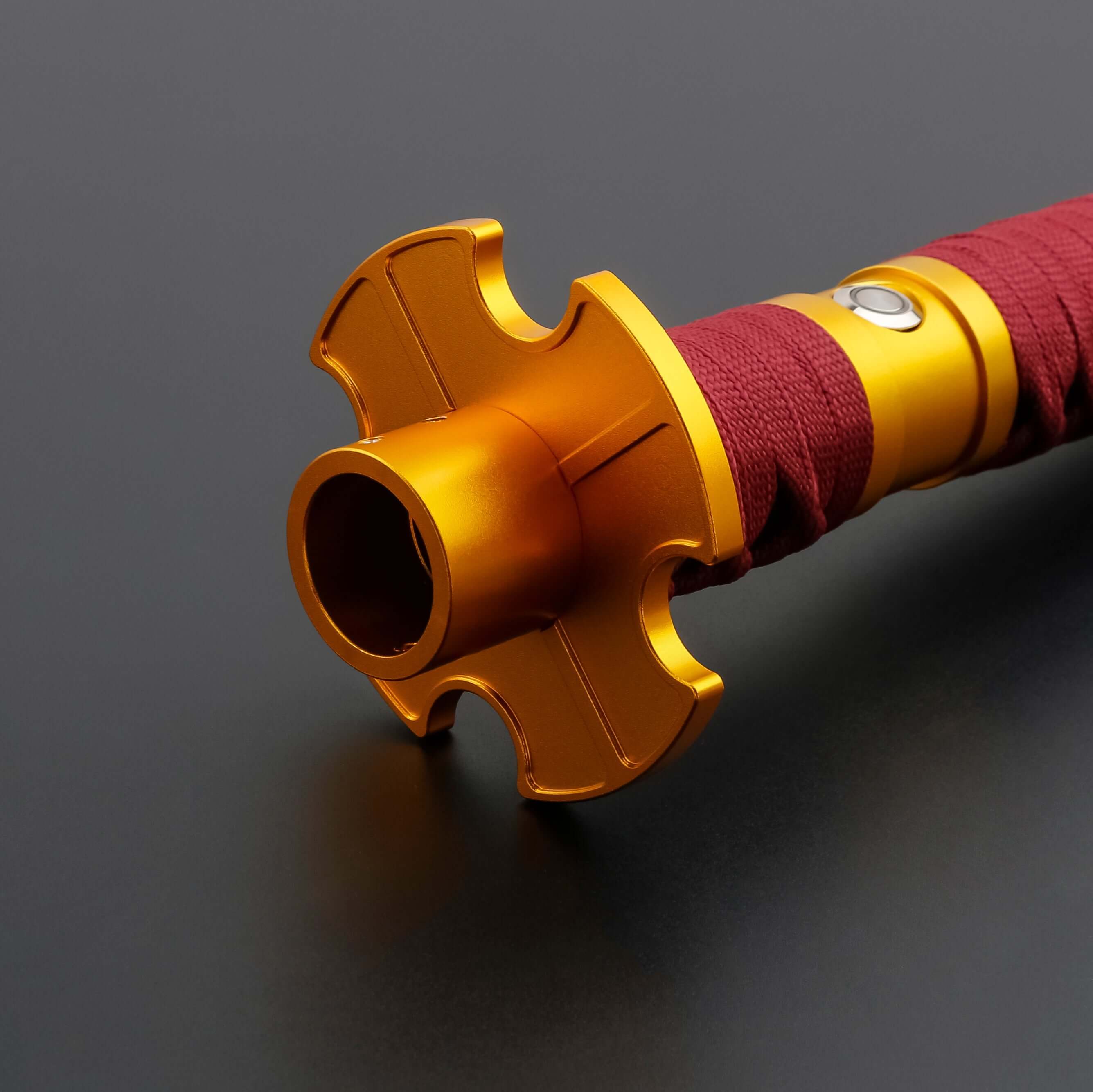 Sekiro Lightsaber: Katana-inspired design with gold hilt, red grip, and gold guard, crafted from aircraft-grade aluminum for durability and elegance.