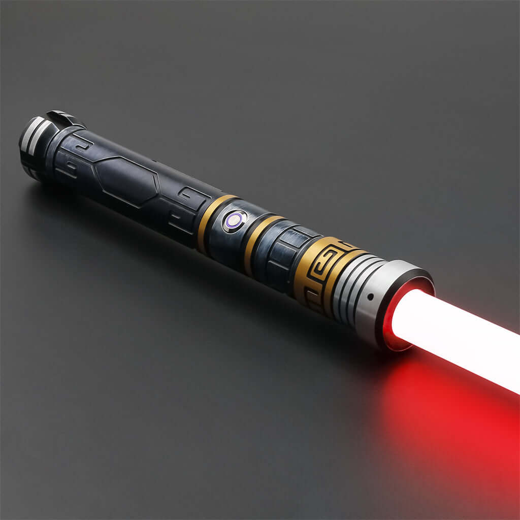 MV Champion lightsaber with sleek design and glowing red blade, showcasing futuristic sci-fi art.