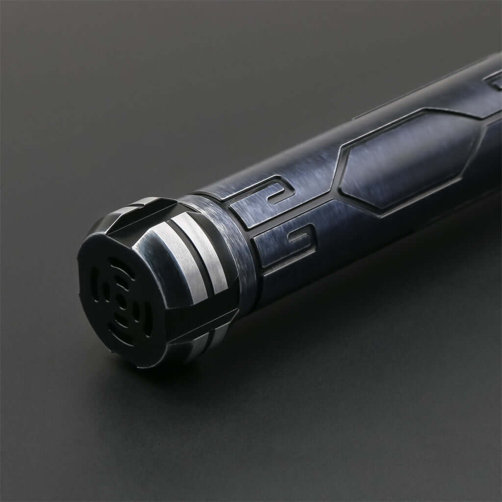 Close-up of the MV Champion lightsaber hilt showcasing its sleek design and intricate details.