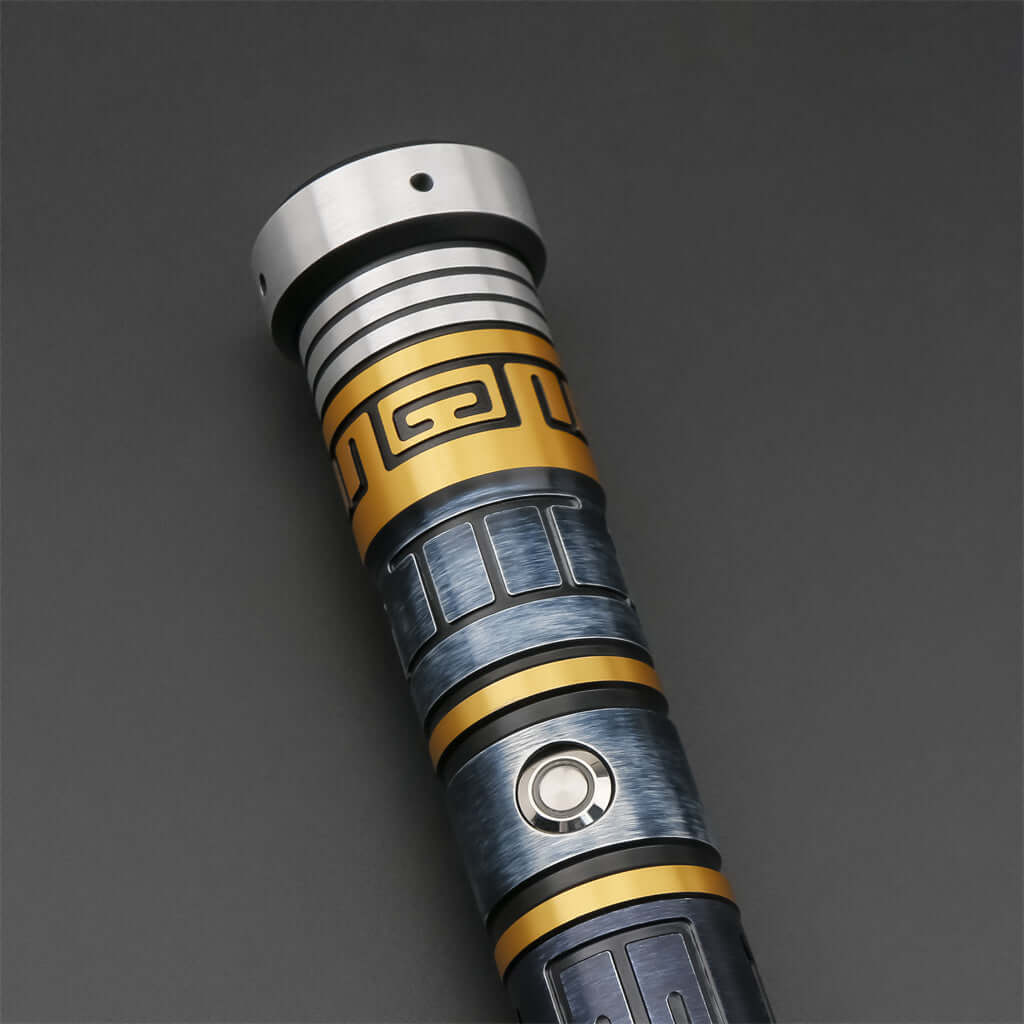 MV Champion lightsaber featuring a sleek metallic design with gold and blue accents, embodying futuristic sci-fi art.