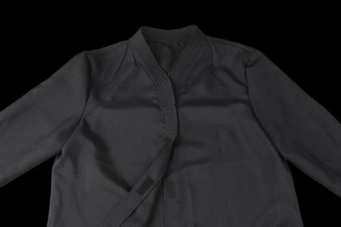 Premium tactical enforcer suit in black fabric showcasing superior design and structural integrity.