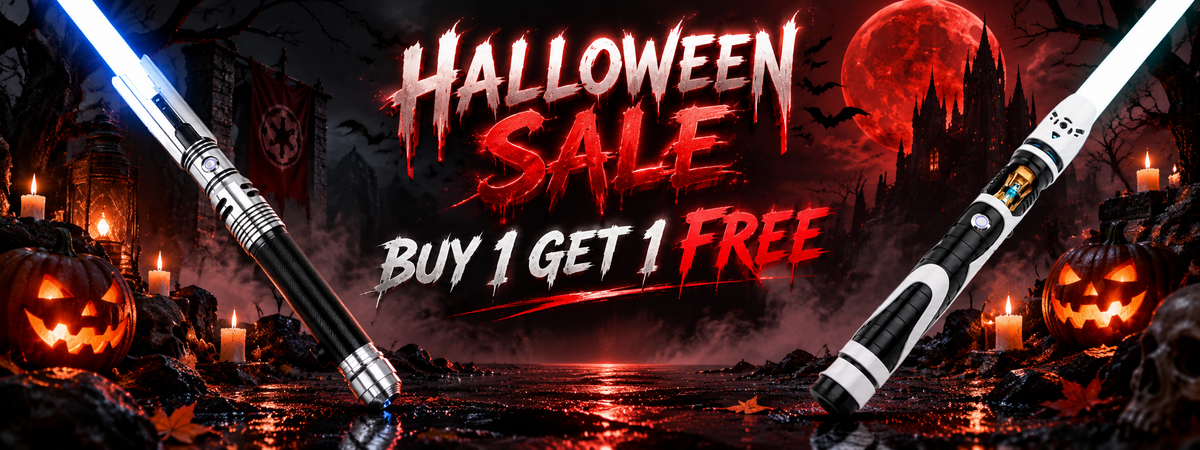 NovaSaber Halloween Buy 1 Get 1 Free lightsaber sale with two sabers in a haunted castle scene
