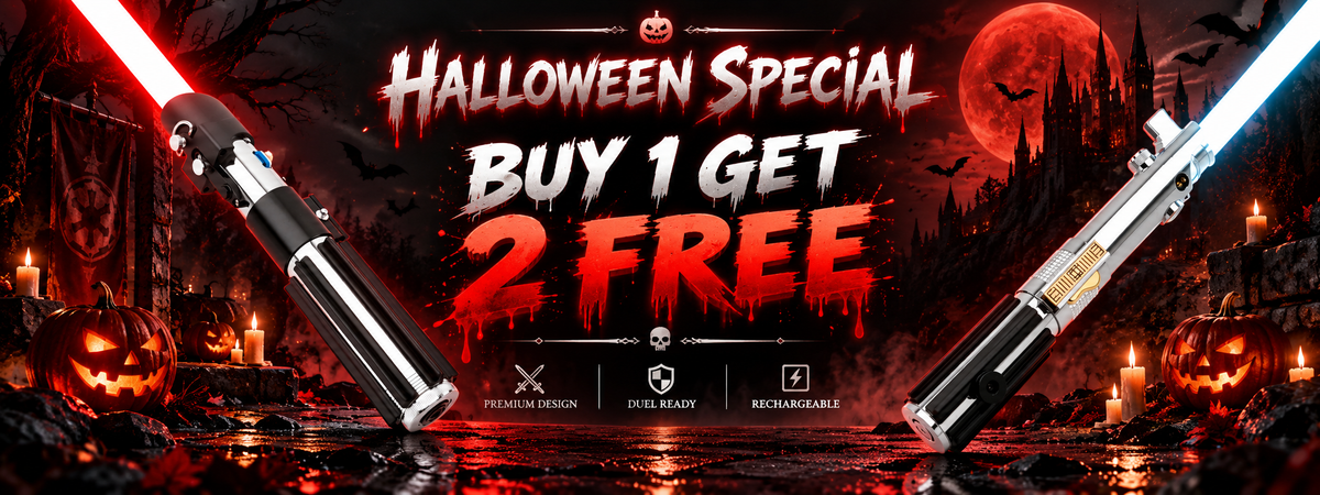 NovaSaber Halloween Buy 1 Get 2 Free lightsaber sale with two sabers in a haunted castle scene