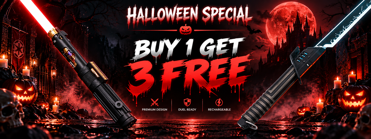 NovaSaber Halloween Buy 1 Get 3 Free lightsaber sale with two sabers in a haunted castle scene