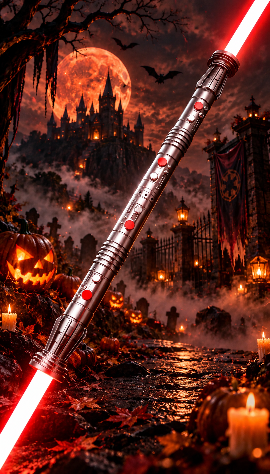 NovaSaber double-bladed lightsaber in a Halloween scene with glowing pumpkins and a haunted castle