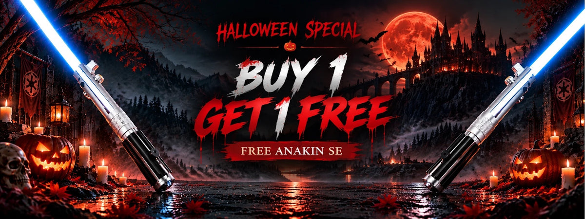 NovaSaber Halloween lightsaber offer with a free Anakin SE saber and two blue lightsabers in a haunted castle scene