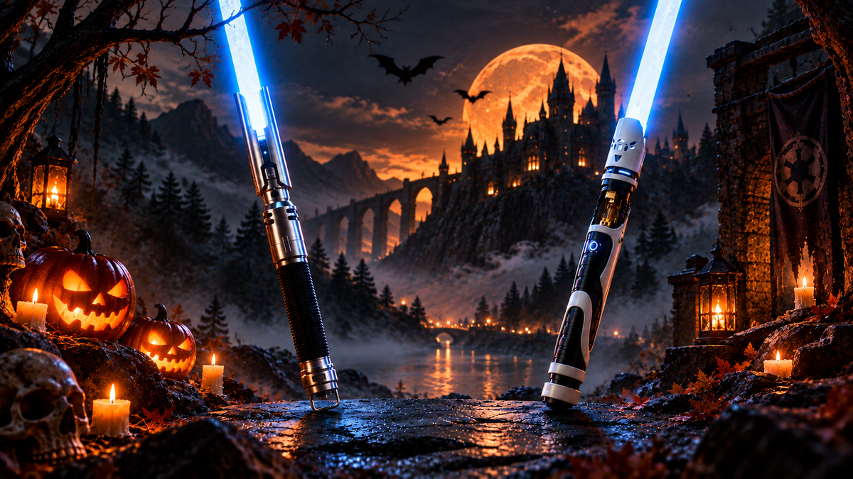 NovaSaber lightsabers in a Halloween scene with glowing pumpkins and a haunted castle