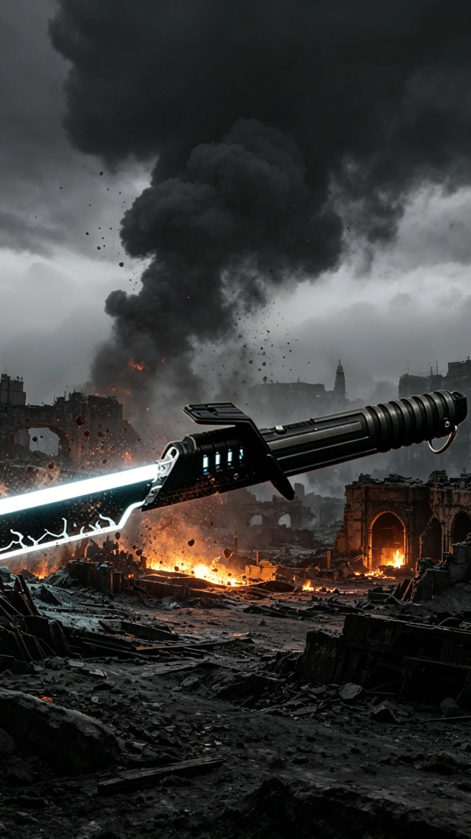 NovaSaber mando pixel lightsaber showcased on a battle-torn Mandalorian city ruin wasteland backdrop, tactical minimalism aesthetic for mobile homepage banner.