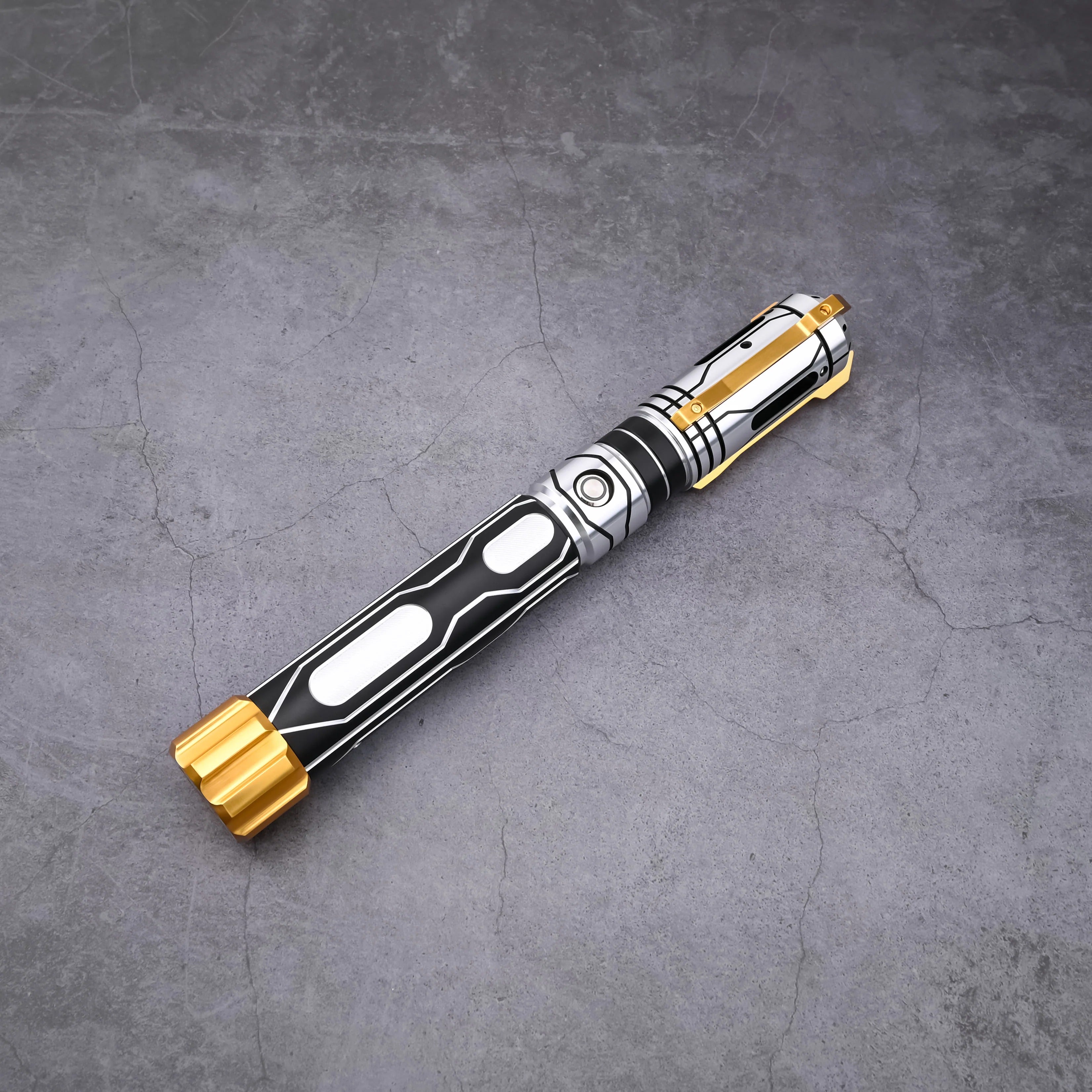 The Skyrim lightsaber, a high-quality collectible hilt with a gold-plated pommel.