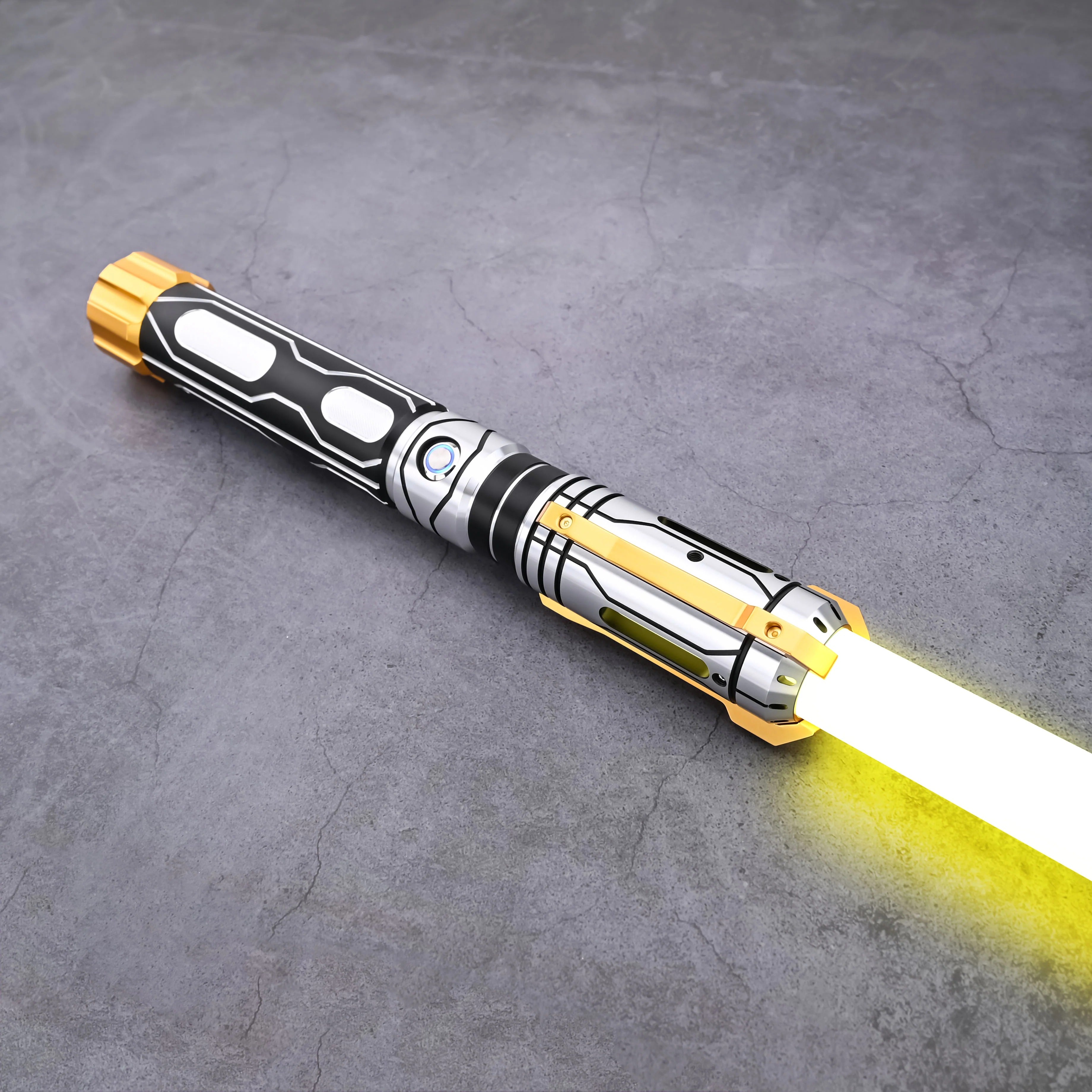 Skyrim lightsaber featuring a sleek black and gold hilt with a bright yellow blade.