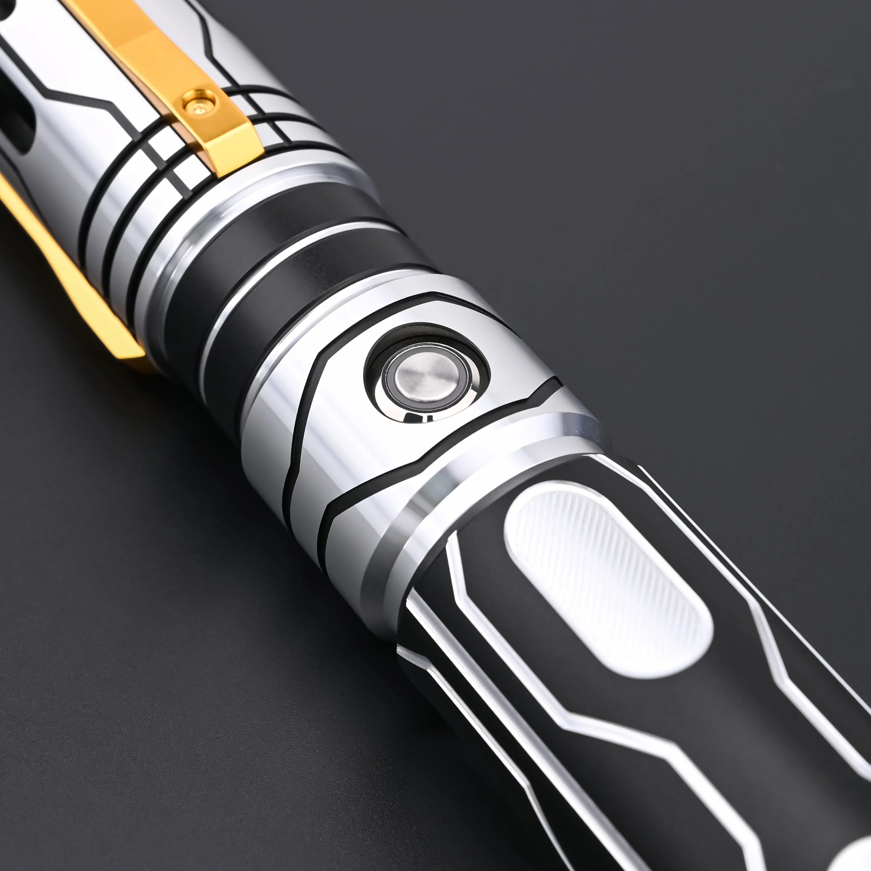 Detailed shot of the Skyrim lightsaber grip area, highlighting the custom aesthetic of this dueling saber.