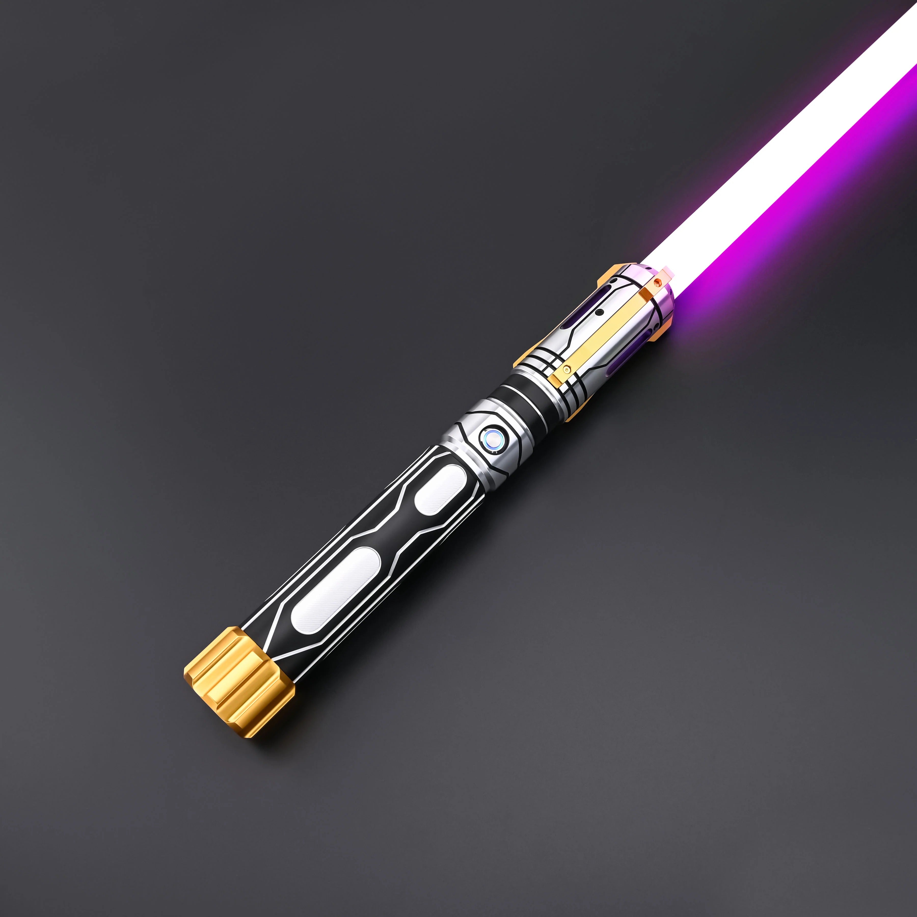 Skyrim lightsaber model featuring a metallic black and gold hilt with a striking purple blade.