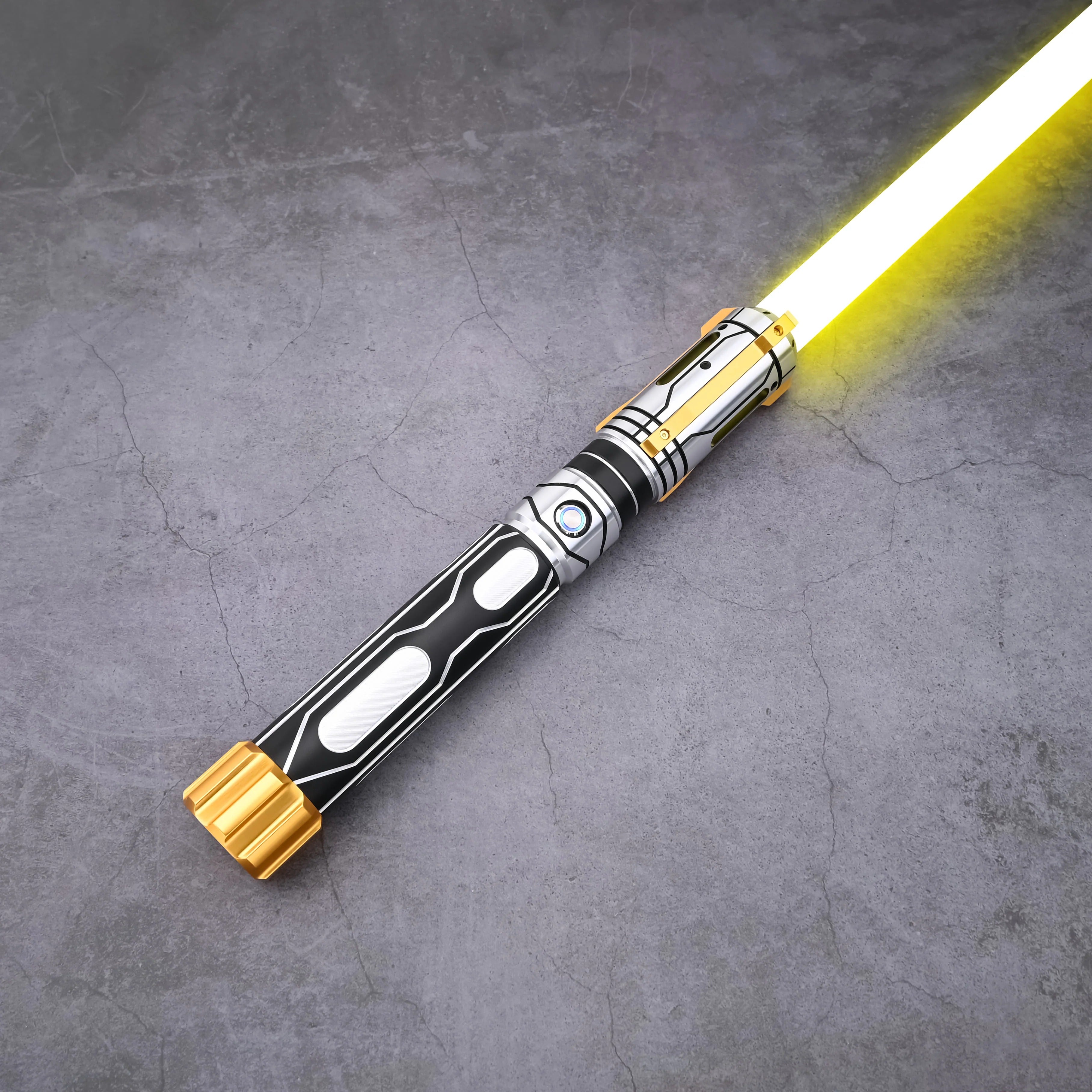 Detailed view of the Skyrim lightsaber with gold accents and yellow energy blade.