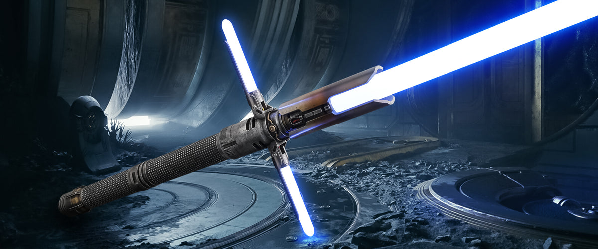 Premium collector crossguard lightsaber with blue blades