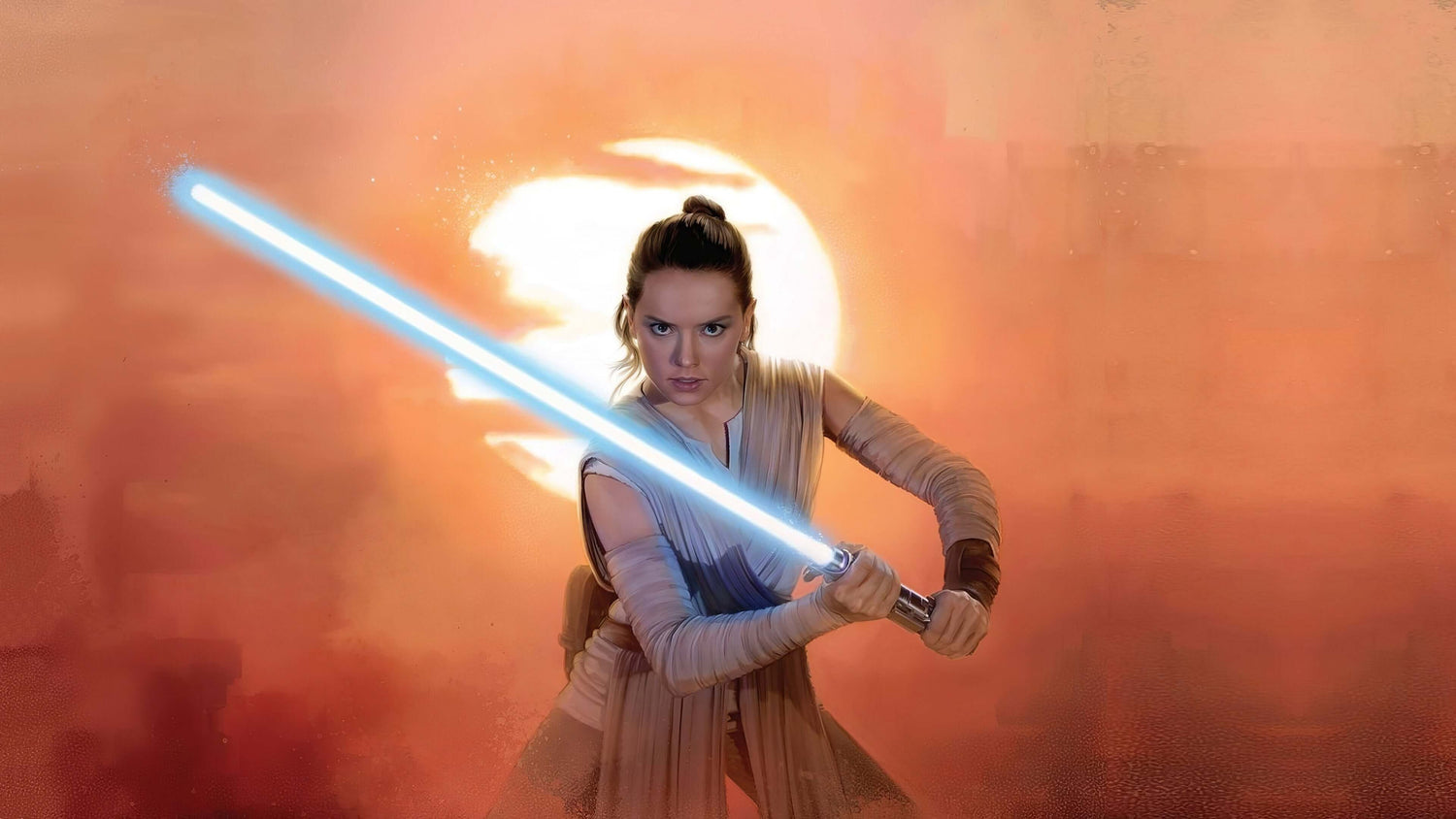 Queen Padmé Amidala cosplay gown worn by a character with a lightsaber against a sunset background.