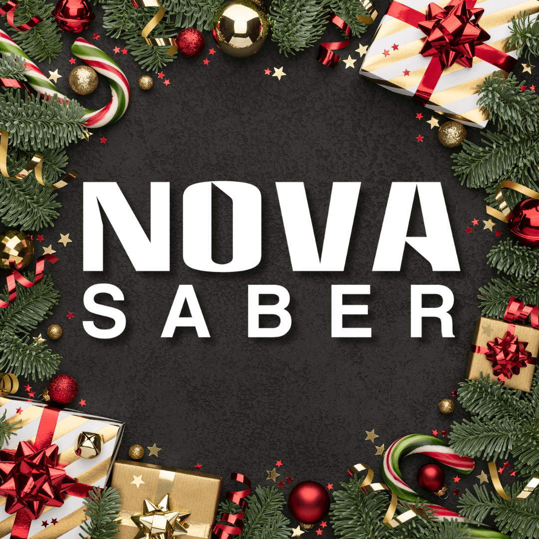 Festive holiday-themed image featuring the NovaSaber logo surrounded by decorations and gift boxes.