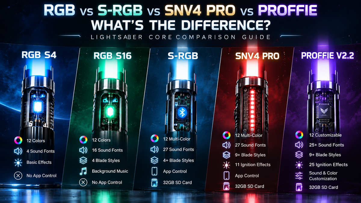 RGB vs S-RGB vs SNV4 Pro vs Proffie V2.2 lightsaber core comparison showing sound fonts, blade styles, app control and customization features.