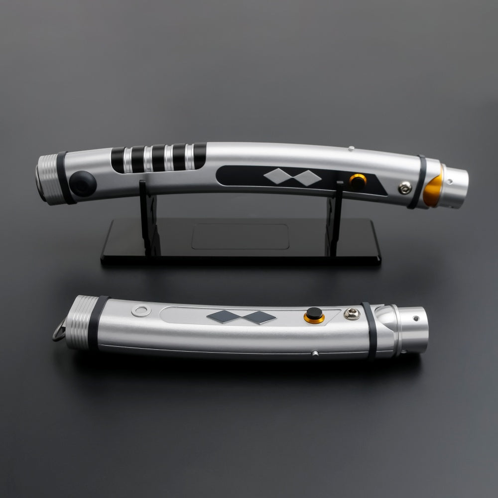 Two unique lightsabers displayed on a stand, representing the white lightsaber philosophy in craftsmanship.