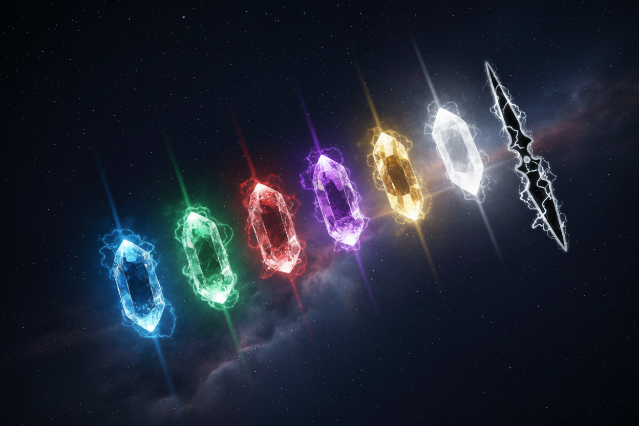 Kyber crystal colors meanings illustrated with various colored crystals representing lightsaber power and lore.