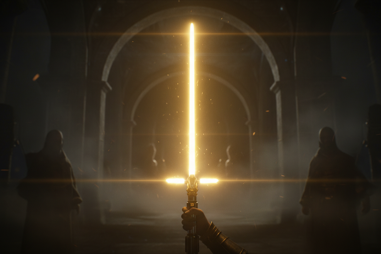 A glowing yellow lightsaber held high in a dimly lit setting with shadowy figures in the background.