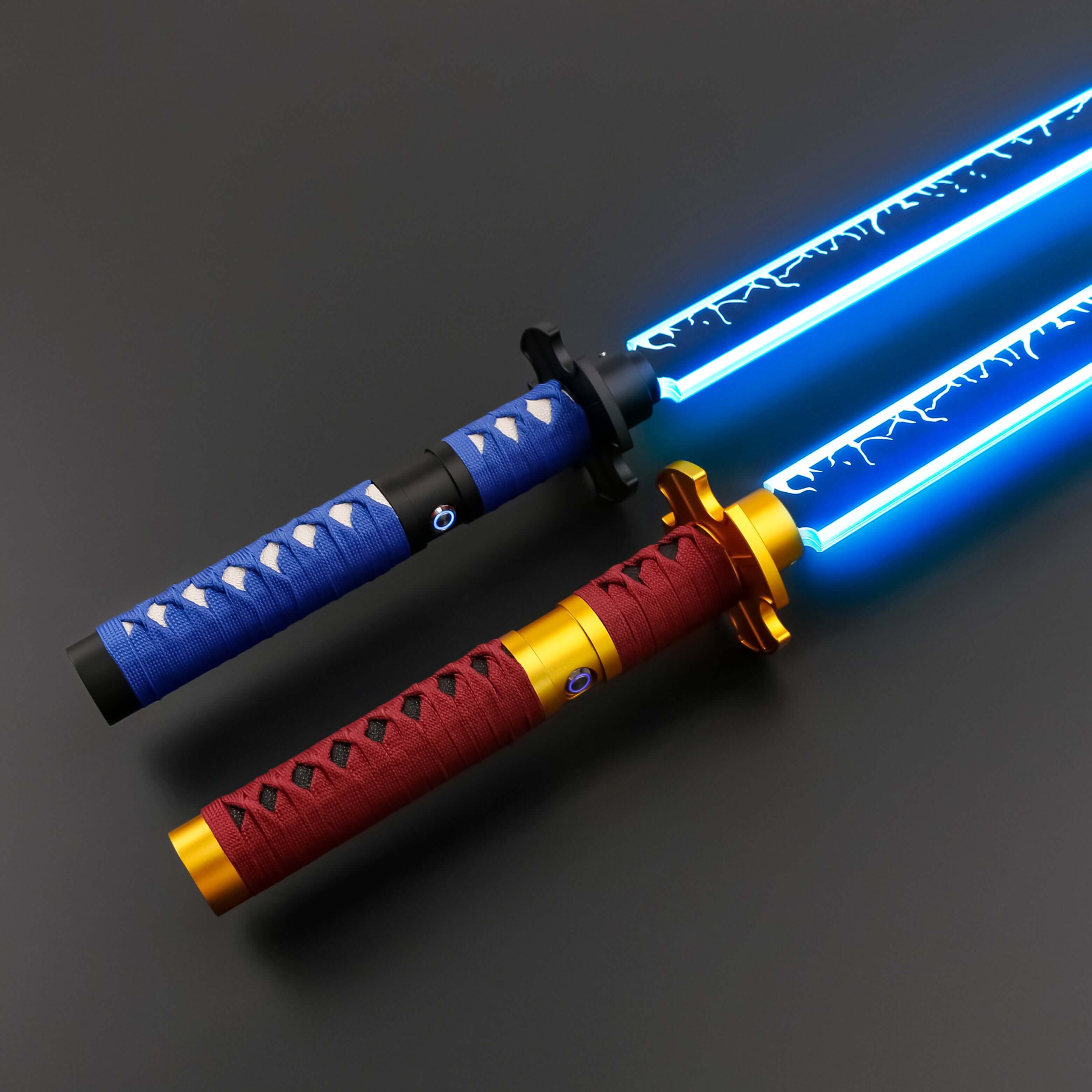 Sekiro Lightsaber: Katana-inspired design with gold hilt, red grip, and gold guard, crafted from aircraft-grade aluminum for durability and elegance.