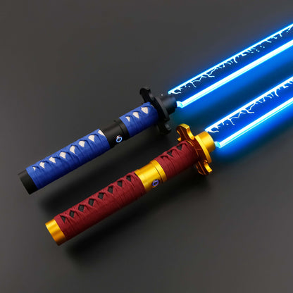 Sekiro Lightsaber: Katana-inspired design with gold hilt, red grip, and gold guard, crafted from aircraft-grade aluminum for durability and elegance.