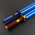 Sekiro Lightsaber: Katana-inspired design with gold hilt, red grip, and gold guard, crafted from aircraft-grade aluminum for durability and elegance.