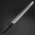 Mando lightsaber with black and silver anodized aluminum hilt, featuring 12 blade colors, 16 sound fonts, and options for Baselit, S-RGB, Neopixel, or Proffie cores, ideal for cosplay and light dueling.