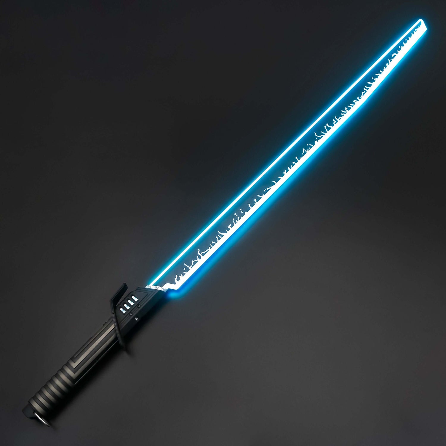 Mando lightsaber with black and silver anodized aluminum hilt, featuring 12 blade colors, 16 sound fonts, and options for Baselit, S-RGB, Neopixel, or Proffie cores, ideal for cosplay and light dueling.