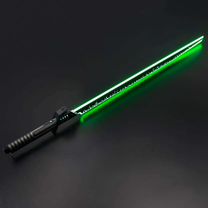 Mando lightsaber with black and silver anodized aluminum hilt, featuring 12 blade colors, 16 sound fonts, and options for Baselit, S-RGB, Neopixel, or Proffie cores, ideal for cosplay and light dueling.