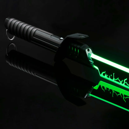 Mando lightsaber with black and silver anodized aluminum hilt, featuring 12 blade colors, 16 sound fonts, and options for Baselit, S-RGB, Neopixel, or Proffie cores, ideal for cosplay and light dueling.