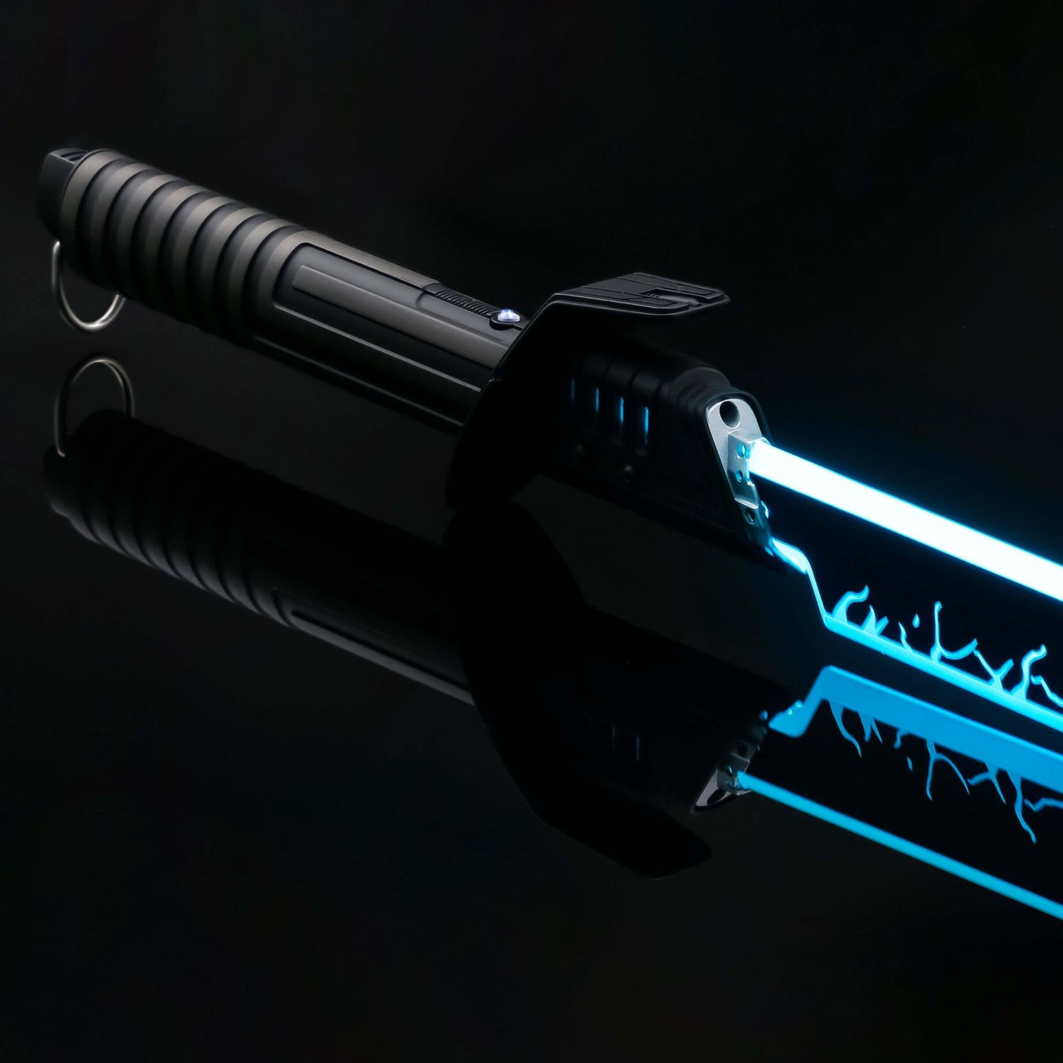 Mando lightsaber with black and silver anodized aluminum hilt, featuring 12 blade colors, 16 sound fonts, and options for Baselit, S-RGB, Neopixel, or Proffie cores, ideal for cosplay and light dueling.