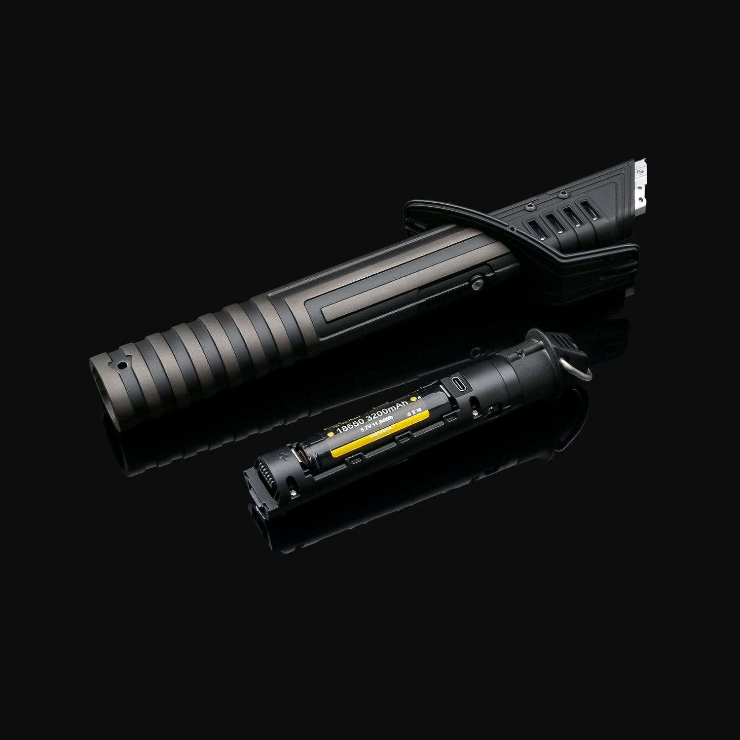 Mando lightsaber with black and silver anodized aluminum hilt, featuring 12 blade colors, 16 sound fonts, and options for Baselit, S-RGB, Neopixel, or Proffie cores, ideal for cosplay and light dueling.