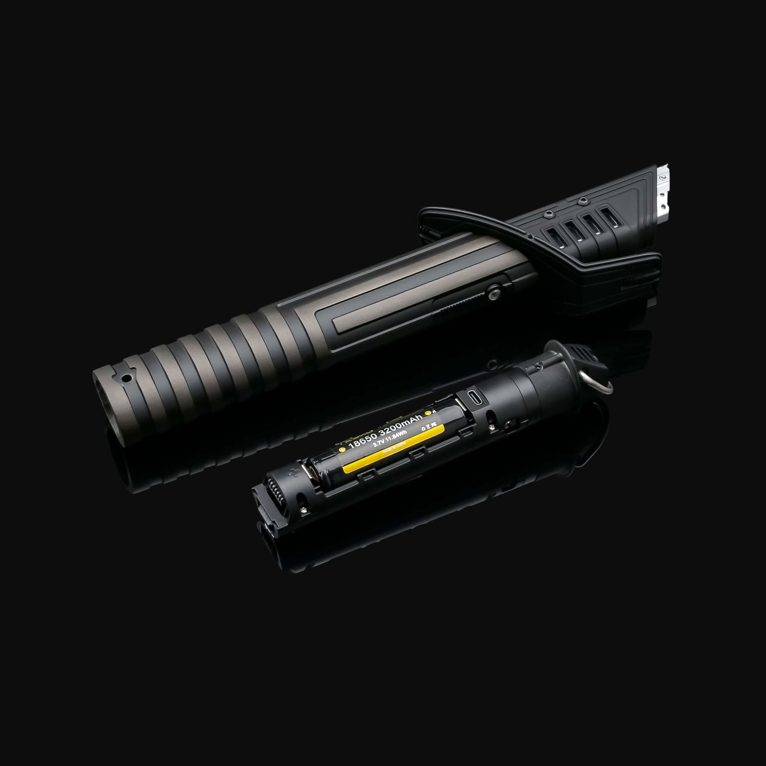 Mando lightsaber with black and silver anodized aluminum hilt, featuring 12 blade colors, 16 sound fonts, and options for Baselit, S-RGB, Neopixel, or Proffie cores, ideal for cosplay and light dueling.