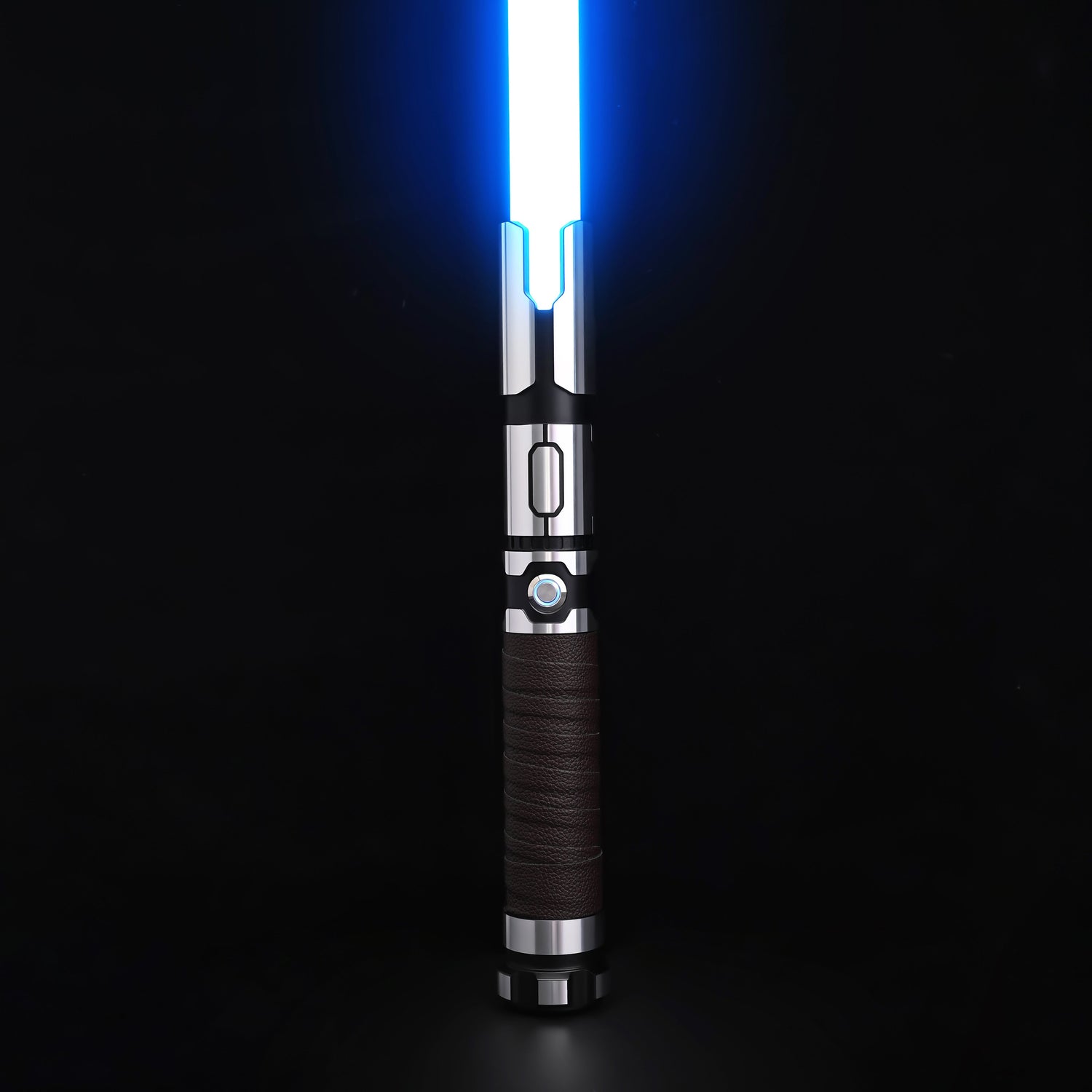 Obsidian Elite Trinity lightsaber hilt standing upright with glowing blue blade
