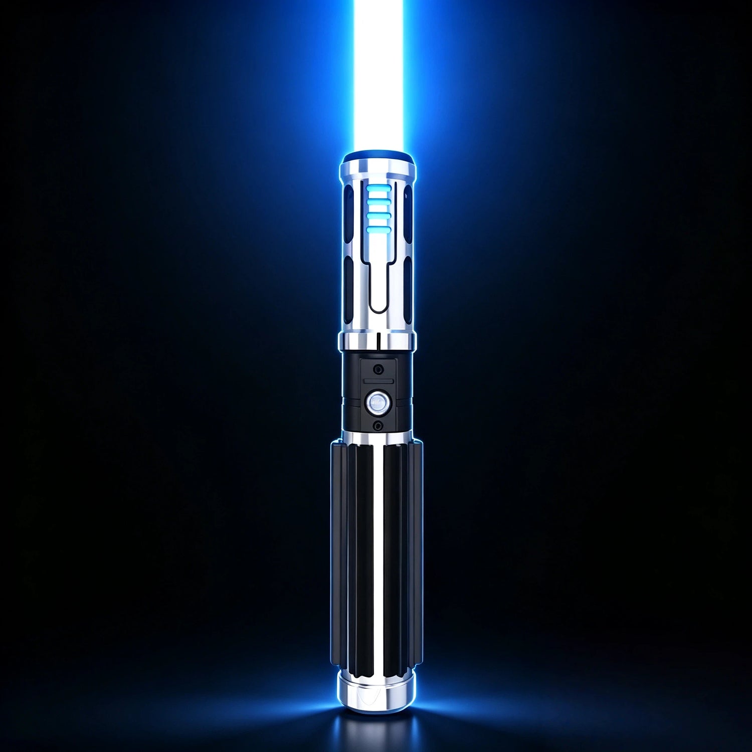 The Void Walker heavy dueling lightsaber with blue blade and polished silver alloy body against a dark background.