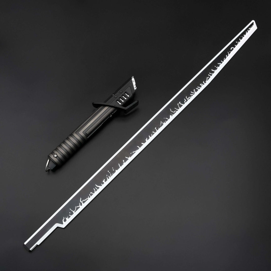 Mando lightsaber with black and silver anodized aluminum hilt, featuring 12 blade colors, 16 sound fonts, and options for Baselit, S-RGB, Neopixel, or Proffie cores, ideal for cosplay and light dueling.