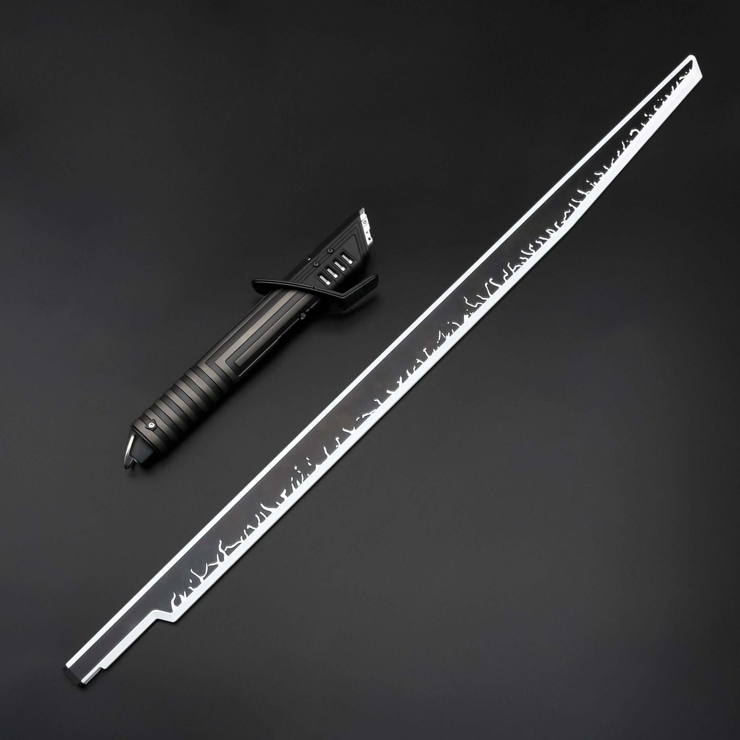 Mando lightsaber with black and silver anodized aluminum hilt, featuring 12 blade colors, 16 sound fonts, and options for Baselit, S-RGB, Neopixel, or Proffie cores, ideal for cosplay and light dueling.