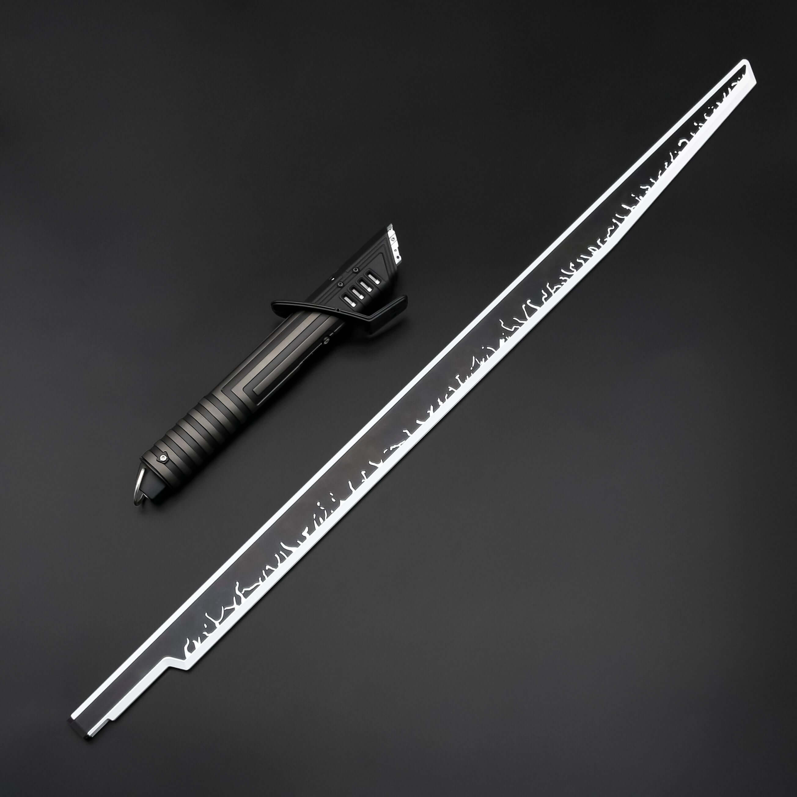 Mando lightsaber with black and silver anodized aluminum hilt, featuring 12 blade colors, 16 sound fonts, and options for Baselit, S-RGB, Neopixel, or Proffie cores, ideal for cosplay and light dueling.