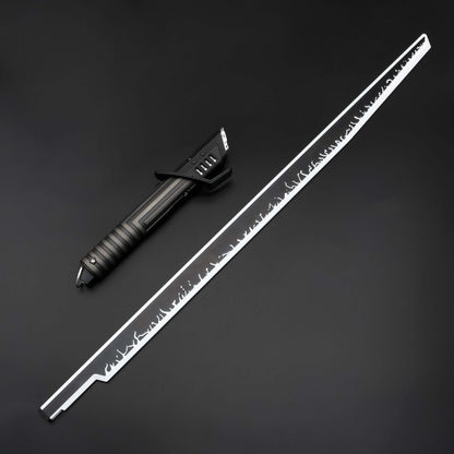Mando lightsaber with black and silver anodized aluminum hilt, featuring 12 blade colors, 16 sound fonts, and options for Baselit, S-RGB, Neopixel, or Proffie cores, ideal for cosplay and light dueling.