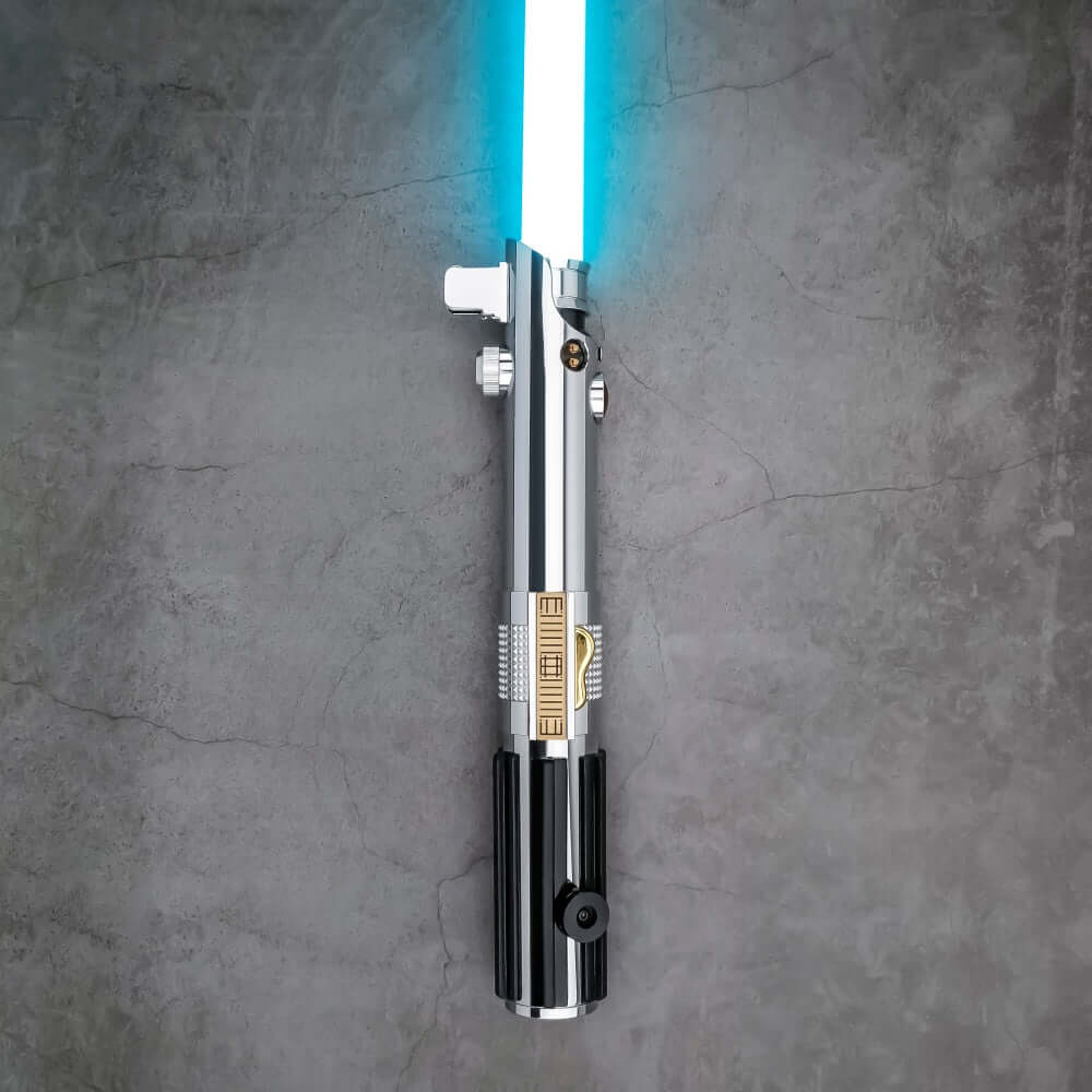 Ani EP3 Proffie 2.2 lightsaber with blue blade on a textured gray background.