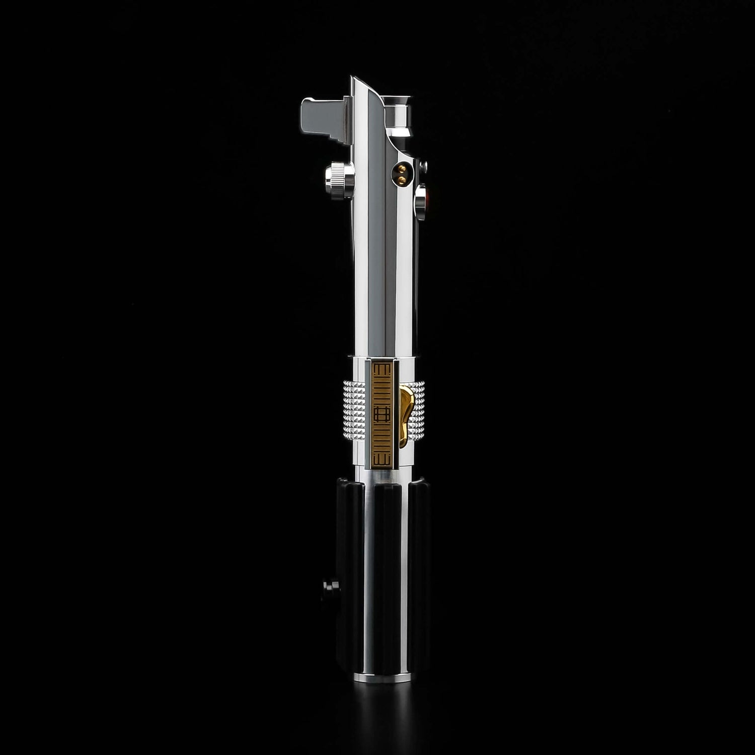 Ani EP3 Proffie 2.2 lightsaber displayed from the side with sleek chrome design on a black background.