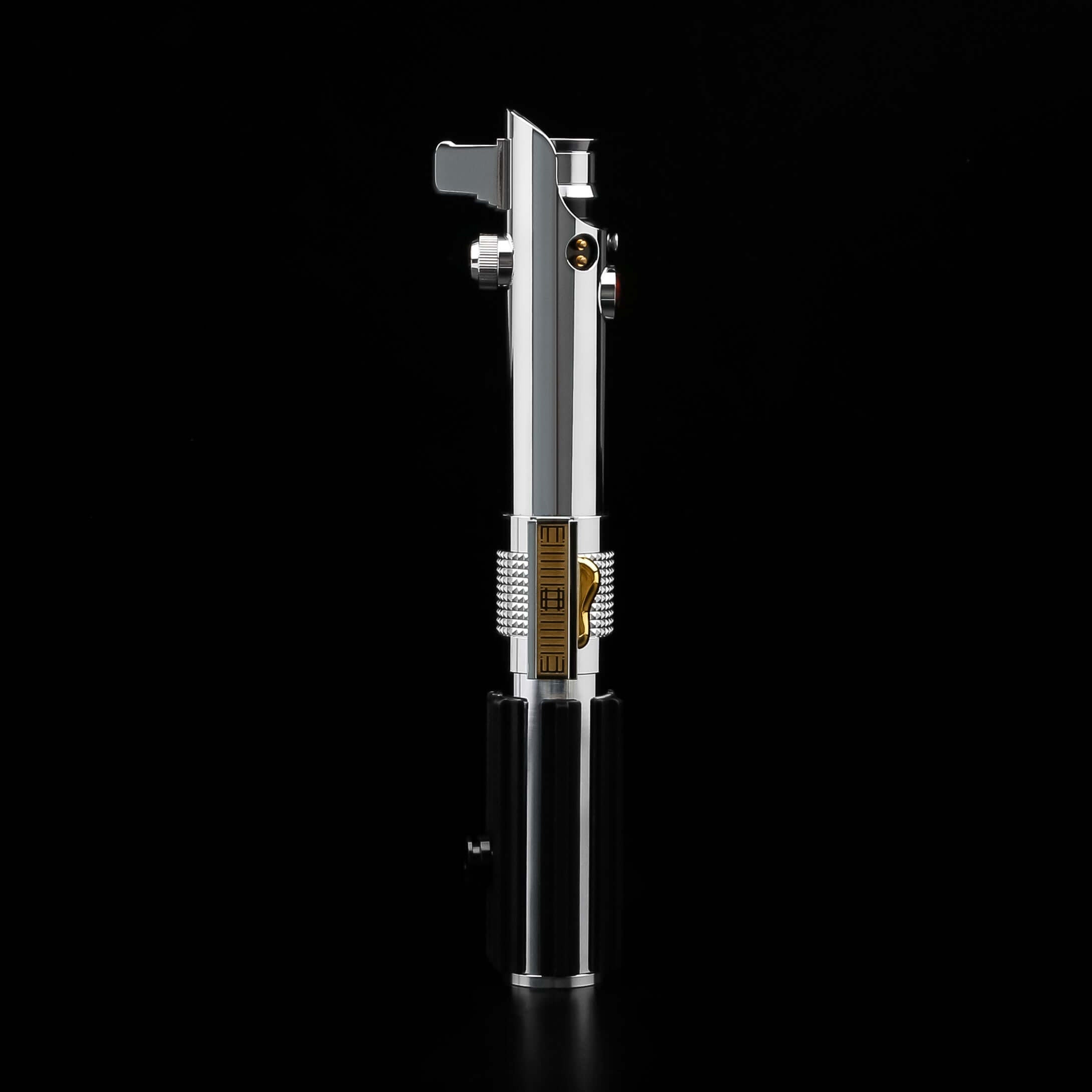 Ani EP3 Proffie 2.2 lightsaber displayed from the side with sleek chrome design on a black background.